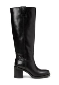 Schwarze kniehohe Stiefel aus Leder mit Blockabsatz, featuring einer glatten Textur, runder Spitze und einem Logo-Akzent auf der Rückseite.