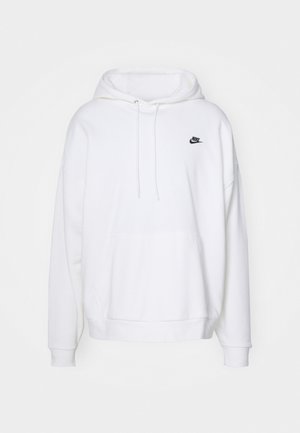 Bílá mikina s kapucí vyrobená z měkké látky, s kapsou typu kangaroo, šňůrkami na kapuci a malým černým logem Nike na hrudi.