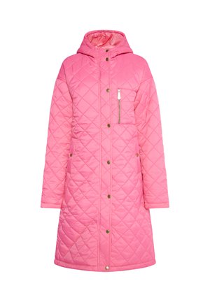 Roze gewatteerde lange jas met capuchon, voorzien van een diamantpatroon, knoopsluitingen, zijzakken en een ritssluiting op de borstzak.
