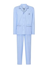 Conjunto de pijama de algodón celeste con lunares negros, incluye una camisa de botones con cuello pico y pantalones a juego, con bolsillos.