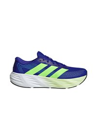 Chaussure de course bleue et vert néon avec semelle blanche amortissante, avec trois bandes vert néon sur le côté et fermeture à lacets.