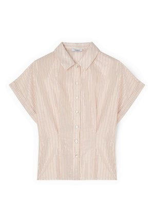 Light pink short-sleeve blouse with vertical metallic stripes, pointed collar, and front button closure.