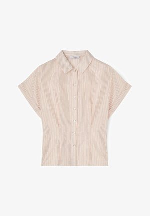 Light pink short-sleeve blouse with vertical metallic stripes, pointed collar, and front button closure.