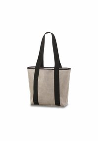 Borsa in cotone con motivo a scacchi in beige e nero, caratterizzata da due manici neri robusti e un semplice design rettangolare.
