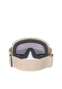 Skibriller med beige ramme, sort skumpolstring og tonede grå linser. Har en bred, tekstureret rem med præget logo.