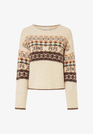 Kremowy sweter z długim rękawem, zdobiony geometrycznym wzorem na plecionce w odcieniach brązu, pomarańczu i turkusu. Okrągły dekolt i krótki krój.