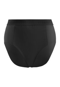 Le mutande a vita alta nere sono realizzate in un tessuto liscio e elasticizzato, con un comodo elastico in vita impreziosito dal nome del marchio.
