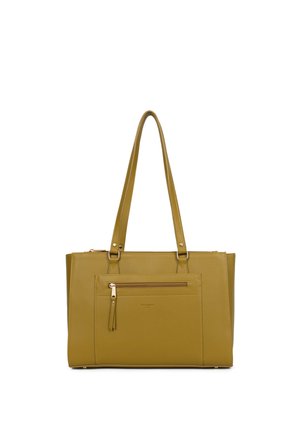 Sac à main rectangulaire en cuir vert olive avec deux bretelles, poche zippée à l'avant et tirette de fermeture éclair dorée sur fond blanc.