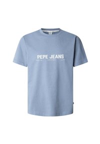 Light blue cotton t-shirt with short sleeves, crew neckline, and white printed text "PEPE JEANS" across the front. Simple design, no patterns.