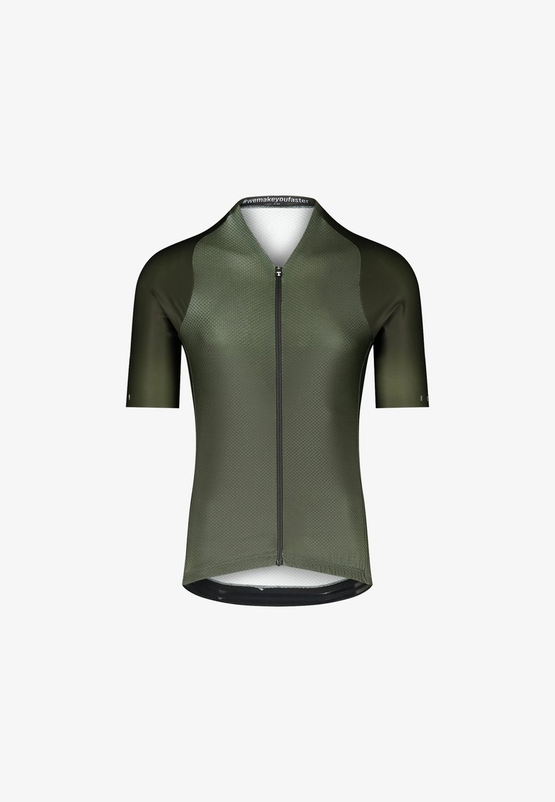 Maillot de cyclisme à manches courtes en vert olive, avec un design texturé, une fermeture éclair à l'avant et un tissu évacuant l'humidité pour une meilleure performance.