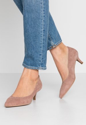 Pieds chaussés de escarpins en daim rose poussiéreux à talons kitten, associés à un jean denim bleu court, sur un fond uni.