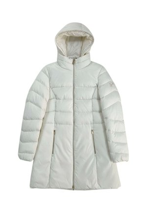 Cappotto invernale imbottito bianco con cappuccio, chiusura frontale con cerniera, due tasche con cerniera e maniche lunghe, progettato per il freddo.