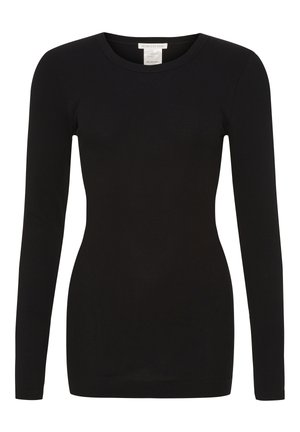 Top negro de manga larga acanalada con cuello redondo, diseño ajustado y textura suave, fabricado en 100% algodón.