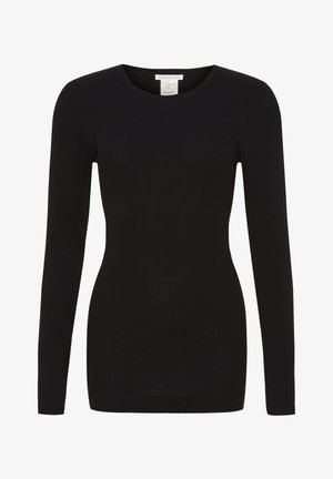 Maglia nera a maniche lunghe a coste con colletto rotondo, design aderente e texture liscia, realizzata in 100% cotone.