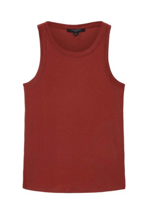 Canotta rossa in cotone con scollo tondo, design senza maniche e orlo pulito. La texture del tessuto appare liscia e morbida.