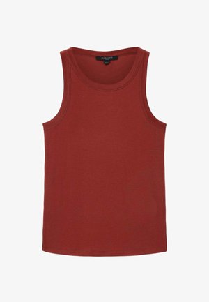 Canotta rossa in cotone con scollo tondo, design senza maniche e orlo pulito. La texture del tessuto appare liscia e morbida.