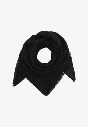 Black triangular scarf made of textured material, featuring frayed edges and a circular loop design. Soft and lightweight fabric.