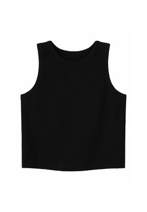 Top in cotone nero senza maniche con scollo tondo, texture a costine e orlo dritto. Stile semplice e versatile.