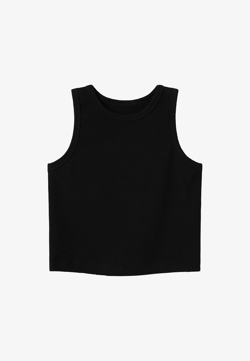 Débardeur en coton noir avec un col rond, sans manches, texture côtelée et ourlet droit. Style simple et polyvalent.