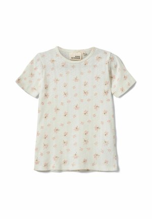 Hvid kortærmet skjorte med subtilt lodret strikmønster dekoreret med små lyserøde blomsterprint.