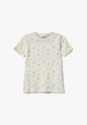 Biele krátke rukávy tričko s jemným vertikálnym pleteným vzorom zdobené malými ružovými kvetinovými potlačami.