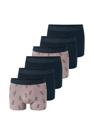 Set di sei boxer, di cui cinque blu scuro tinta unita e uno rosa chiaro con motivo di ananas, realizzati in tessuto morbido con fascia elastica in vita.