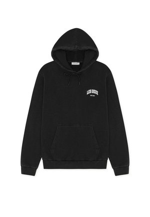 Fekete kapucnis pulóver puha anyagból, húzózsinórral, elülső zsebfelülettel és fehér "LES DEUX" logóval a mellrészen. Normál szabás, bordázott mandzsetták.