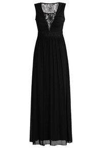 Svart maxikjol med ärmlös design, spetslivstycke och ett flödande kjol. Har en V-ringning och ett elastiskt midjeband för komfort.