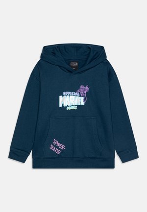 Sweat à capuche pour enfants bleu marine avec poche frontale, affichant le texte "Official Marvel Comics", un graphisme de Spider-Man, et le texte "Spider-Sense" en rose sur la poche.