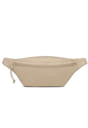 Sac banane en cuir beige avec fermeture éclair et sangles réglables, conçu pour porter des petits objets sans utiliser les mains.
