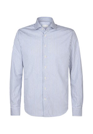 Chemise boutonnée à manches longues rayée bleue et blanche avec un col pointu et des boutons blancs, présentant des rayures horizontales et un design slim fit.