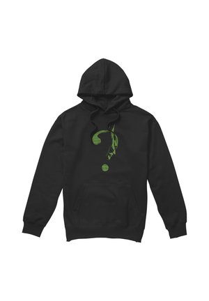 Black hooded sweatshirt with a green question mark design integrating a stylized face on the front and a front kangaroo pocket.