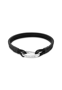 Bracciale in pelle nera con due fili lisci, fissato con una chiusura in argento incisa con la scritta "POLICE". Il design è minimalista ed elegante.
