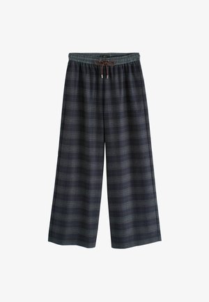 Bredde ben navyblå ternede bukser med elastisk talje og brun snøre, lagt fladt på hvid baggrund.