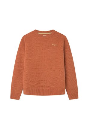 Jersey de punto de manga larga en color óxido naranja con patrón texturizado, puños y bajo acanalados, y pequeño logo bordado en el pecho izquierdo.