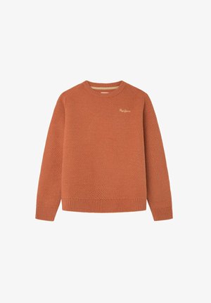 Jersey de punto de manga larga en color óxido naranja con patrón texturizado, puños y bajo acanalados, y pequeño logo bordado en el pecho izquierdo.