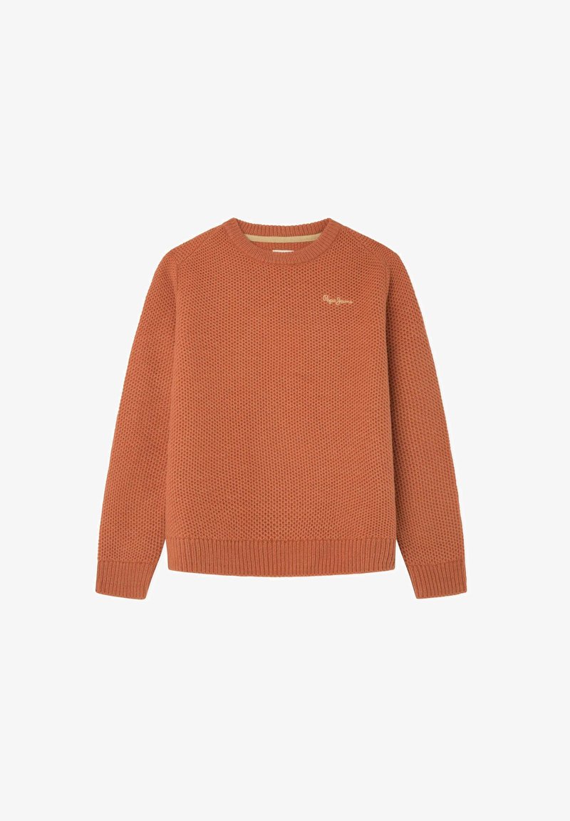 Pull en maille à manches longues couleur rouille orange avec motif texturé, poignets et ourlet côtelés, et petit logo brodé sur la poitrine gauche.
