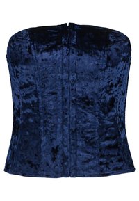 Top corsetto in velluto blu navy con un design strutturato, caratterizzato da cuciture verticali e chiusura con zip sul retro. Texture liscia e forma aderente.