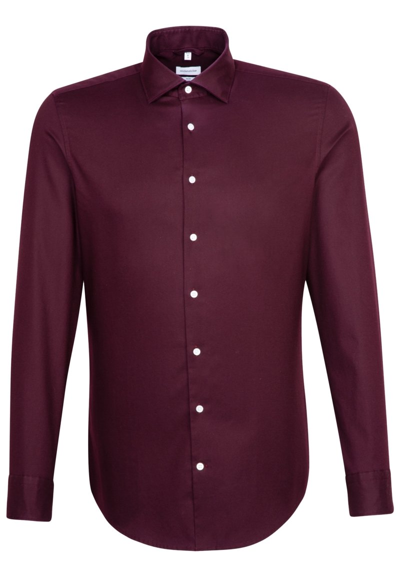 Bordeauxfarbendes Langarmhemd mit spitzem Kragen, weißen Knöpfen auf der Vorderseite und abgerundetem Saum. Hergestellt aus glattem Stoff.