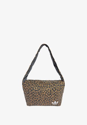 Leopard-print shoulder bag featuring a soft fabric, rounded shape, and a contrasting gray strap; includes a white logo accent.