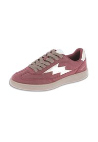 Baskets décontractées bordeaux avec semelle beige, détail latéral blanc en zigzag, lacets beiges et collier rembourré sur fond blanc.