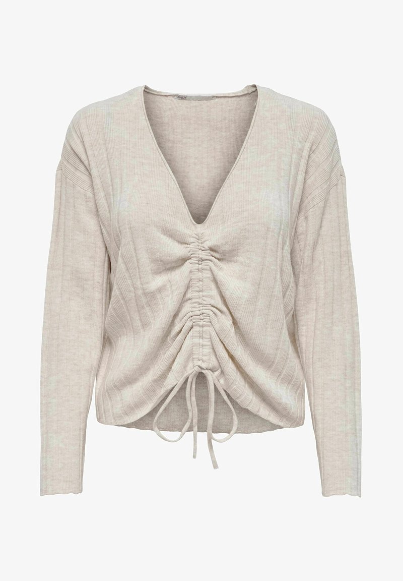 Light beige long-sleeve top with a V-neck, featuring a textured ribbed design and gathered detailing at the center with drawstrings.