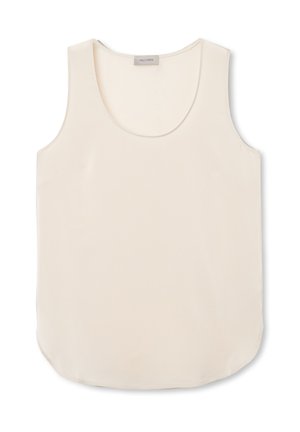 Ærmeløs cremet tanktop med en rund halsudskæring, glat stof og en buet kant for en afslappet pasform.