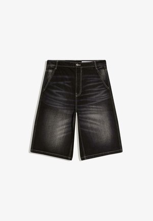 Black denim knee-length shorts with front pockets, visible white stitching, button closure, and faded texture on thighs.
