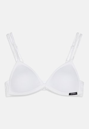 Witte driehoekige bralette met verstelbare bandjes, een gladde textuur en een zwart SKINY merklabel aan de linkerzijde.