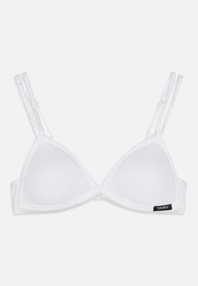 Bela trikotna bralette z nastavljivimi naramnicami, gladko teksturo in črno oznako blagovne znamke SKINY na levi strani.