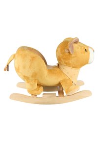 Gelber plüschiger Schaukel-Löwe mit weichem Körper, leichtem Holzgestell und einem gepunkteten Halstuch um den Hals. Einfaches, rundes Design.