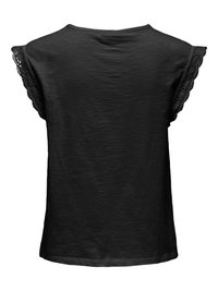 Μαύρο τοπ με κοντά μανίκια και δαντέλα στο τελείωμα των μανικιών, με στρογγυλή λαιμόκοψη, εμφανιζόμενο από πίσω σε απλό φόντο.