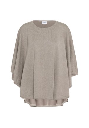 Beige oversized top van zacht gebreid materiaal, met een ronde halslijn en korte mouwen. De onderkant is licht gebogen.