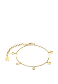 Gouden schakelarmband met drie ronde bedels en één kristallen accent. Voorzien van een karabijnsluitingen en een verstelbare ketting voor maatvariatie.